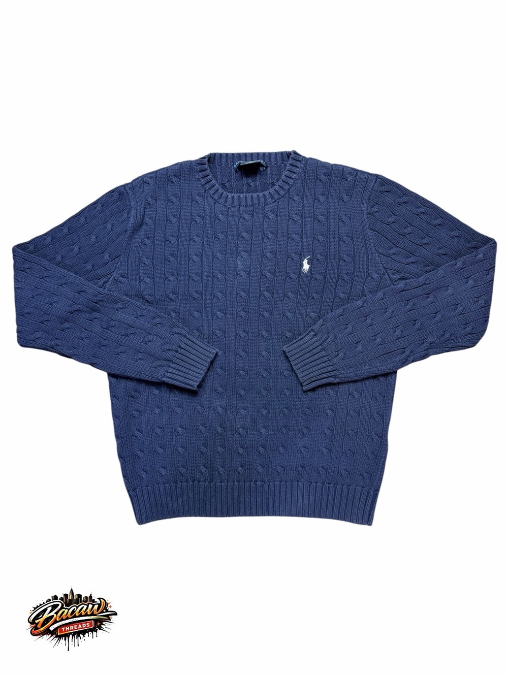 Ralph Lauren Men's Blue Cable-Knit Cotton Crewneck Pullover Sweater XL
